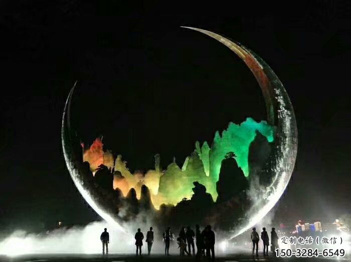 城市月亮雕塑，网格体育雕塑，古铜效果